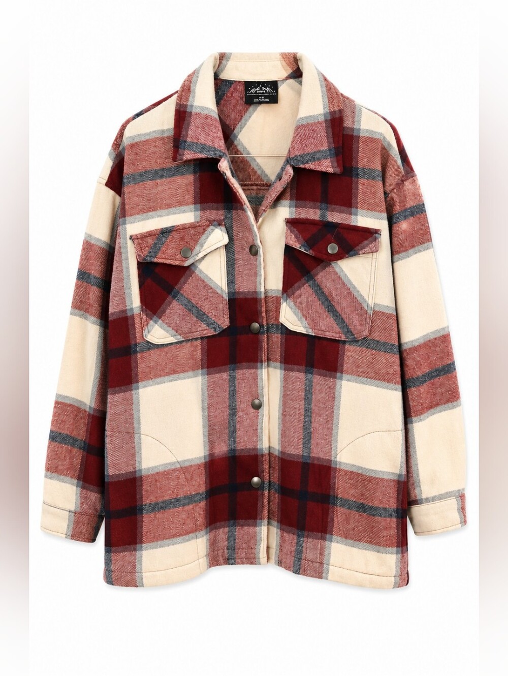 HFX Plaid Oversized Shacket Jacket, L, Cream Burgundy Blue Button Front Cozy